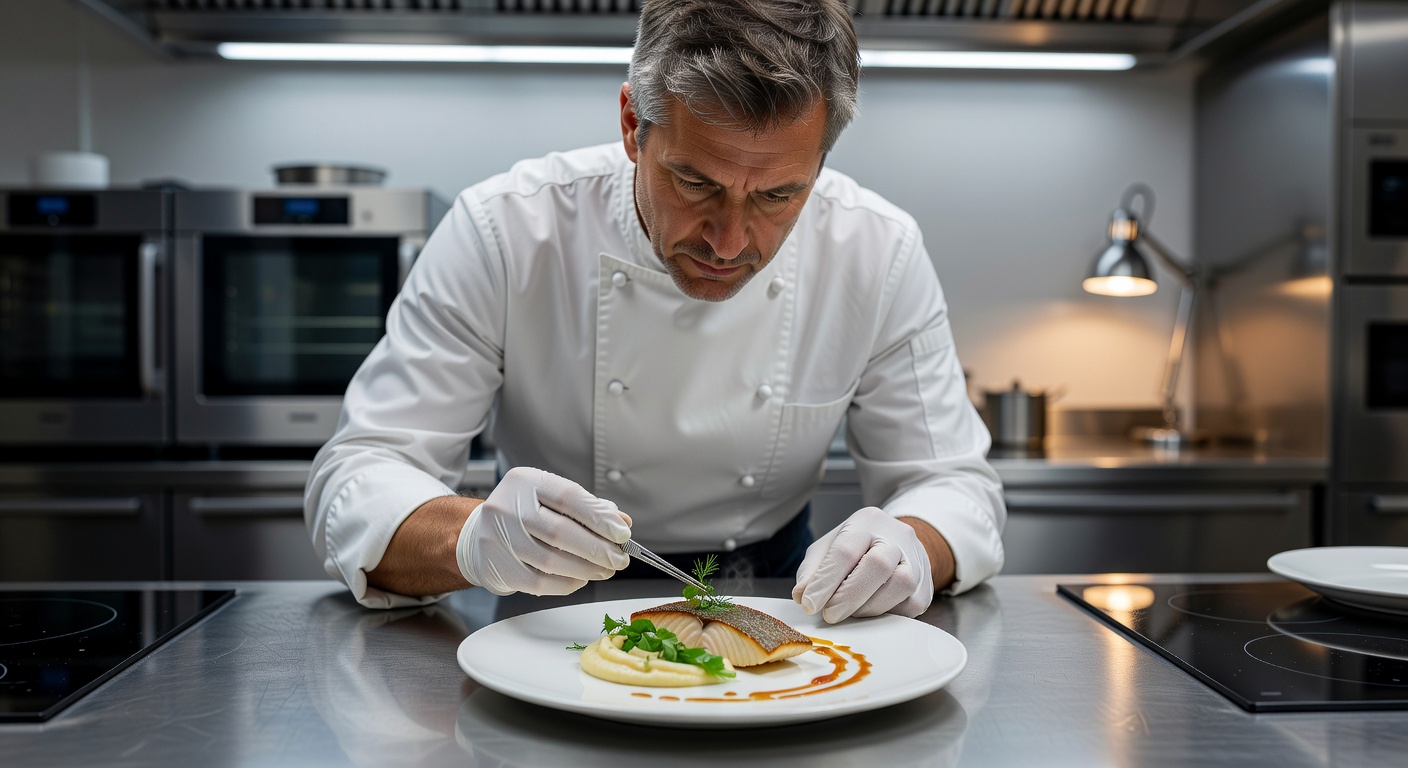 Chef preparing fine dining dish with precision in a modern kitchen