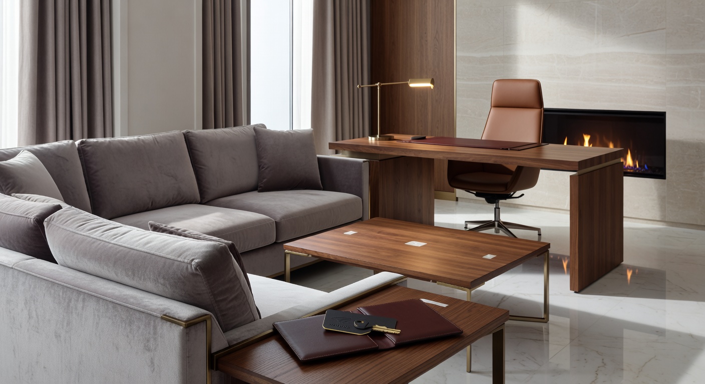 Luxury hotel suite with separate living area and premium furniture