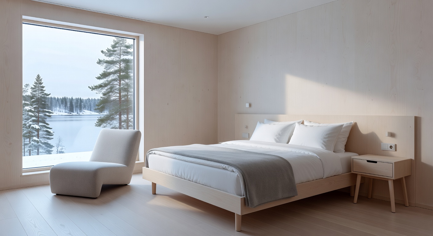 Modern Nordic hotel room with minimal and clean interior design