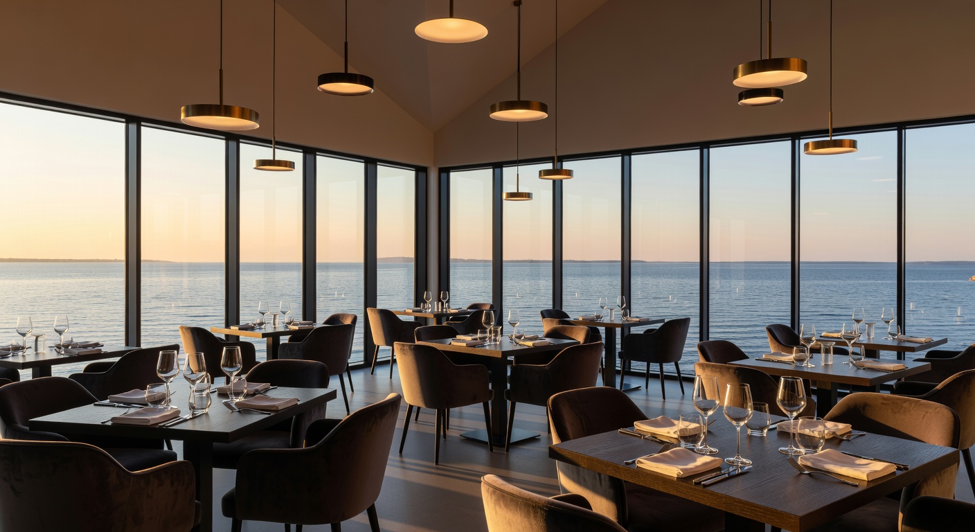 Warm luxury hotel restaurant interior in Finland with modern lighting